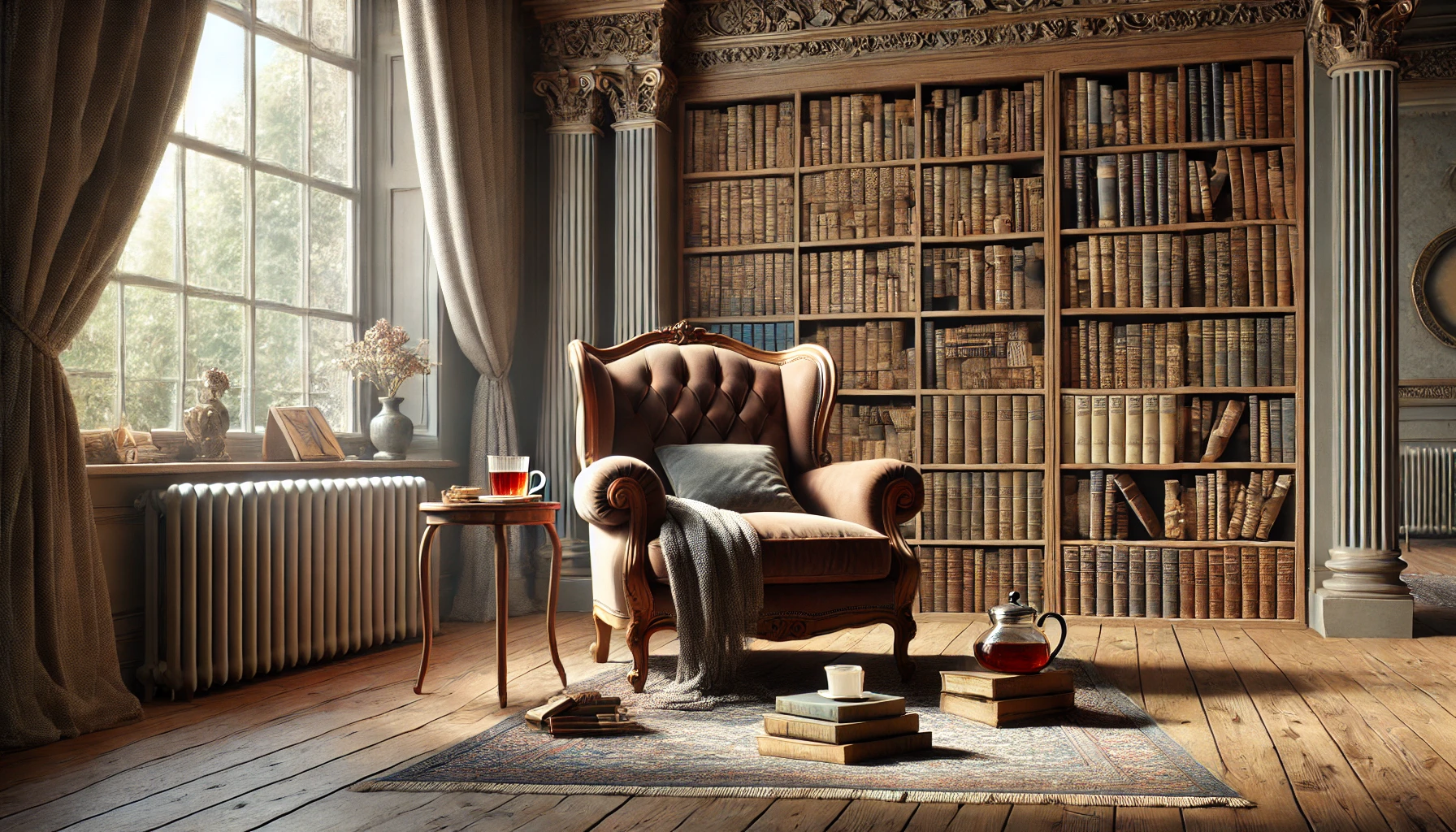 a cozy reading nook in a 19th-century setting.