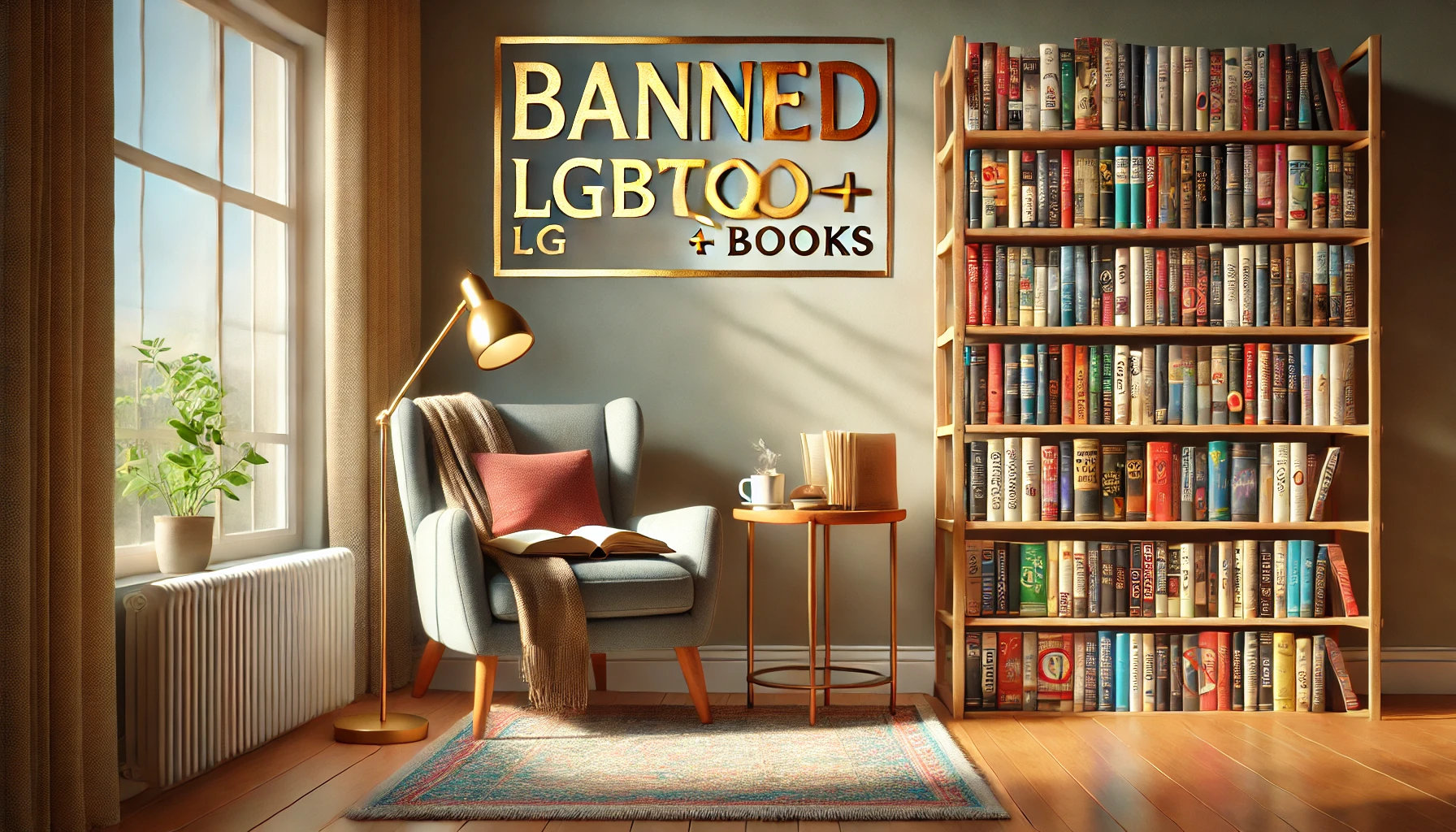 A cozy home reading nook with a small bookshelf filled with LGBTQ+ banned books