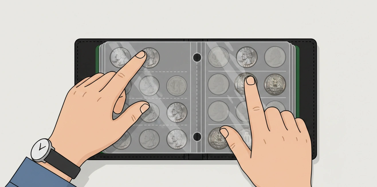 A collector flipping through a coin album and stopping at a 1997 Washington quarter