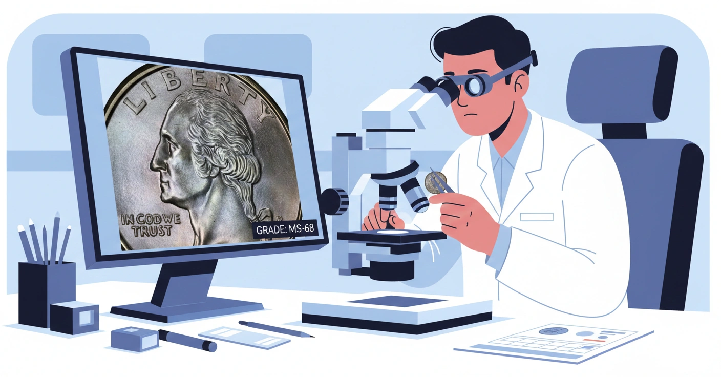 A grading specialist examining a high-grade 1997 quarter under magnification